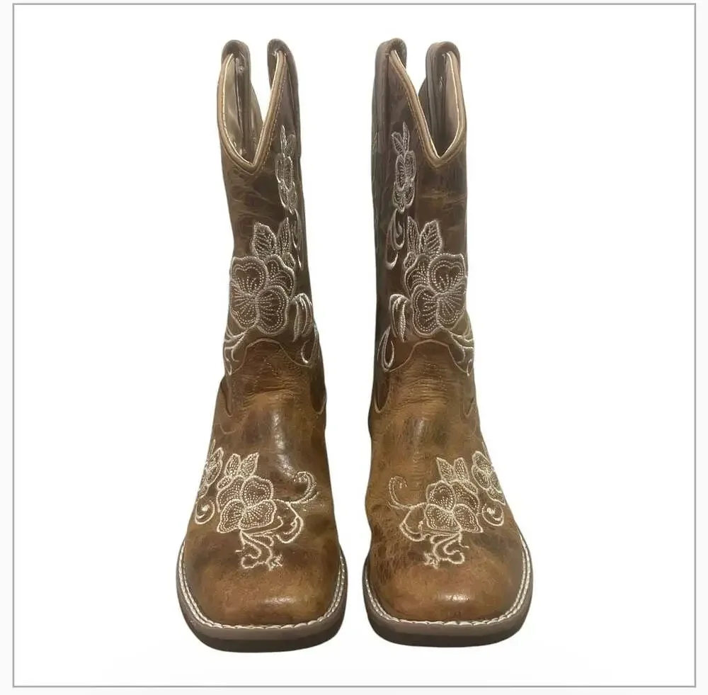 Shyanne Girls' Little Lasy Floral Embroidered Western Boots Broad Square Toe